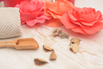 Spa care - candles, cream, towel. Flat lay, spa concept. 