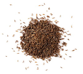 Pile of cumin, caraway seeds isolated on white background, top view