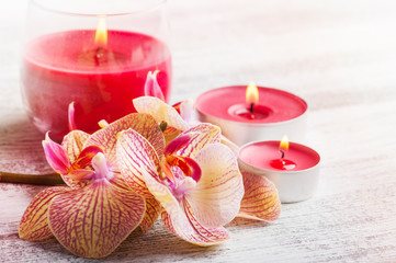 Spa still life with red orange orchid