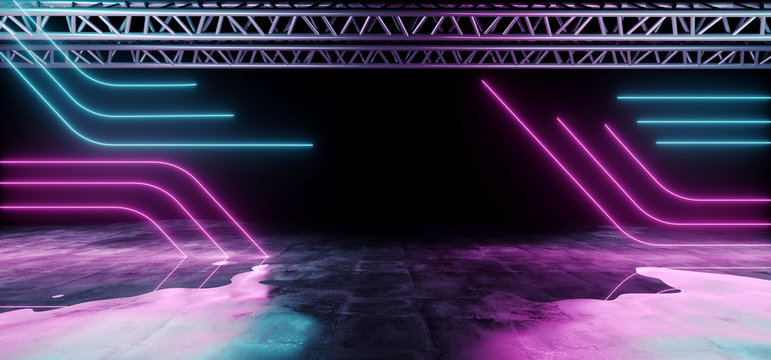 Modern Futuristic Sci Fi Empty Dark Grunge Concrete Wet Room With Stage Metal Construction On Black With Purple And Blue Abstract Neon Glowing Line Shaped Lights 3D Rendering