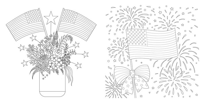 American Flags drawing set for coloring page, cards and so on. Vector illustration