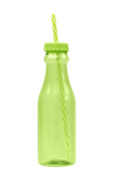 The Closed Green Plastic Bottle With A Straw On A White Background