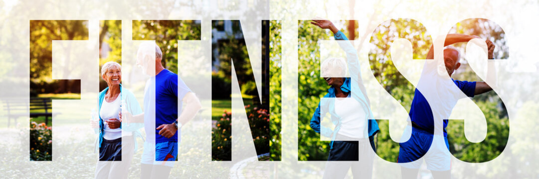 Collage of a fit senior couple jogging outdoors with an overlay of the word FITNESS.