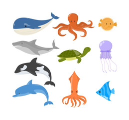 Fototapeta premium Zestaw zwierząt oceanicznych i morskich. Kolekcja stworzeń wodnych