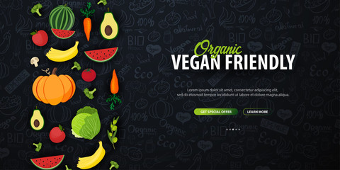 Organic Vegan Friendly. Hand-draw doodle background. Vector illustration.