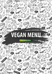 Vegan Menu. Healthy food. Vegetarian banner. Hand-draw doodle background. Vector illustration.