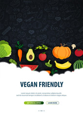 Vegetarian banner. Hand-draw doodle background. Vector illustration.