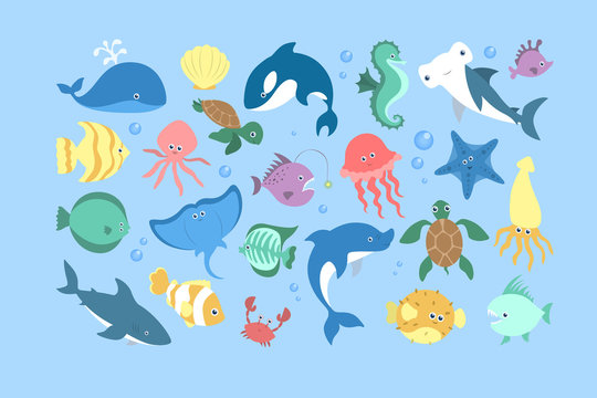 Ocean and sea animal set. Collection of aquatic creature