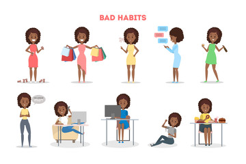 Woman with a bad habit set. Alcohol and coffee addiction