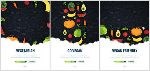Set of Vegetarian banners. Hand-draw doodle background. Vector illustration.