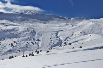 Fototapeta na wymiar View of the mountain slopes with ski slopes in the Pyrenees, Andorra