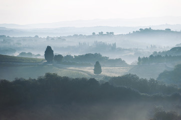 Spectacular view with italian autumn foggy fields in tuscany valleys