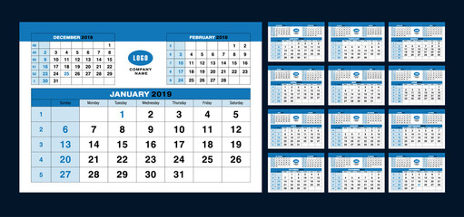 Calendar template for 2019 years. Set of 12 calendar pages vector design print template with place for your logo. Simple blue background. Week starts on Sunday