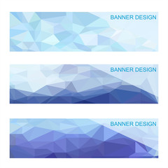 Set of three modern banners with polygonal background. Vector illustration composed of triangles of blue colors.