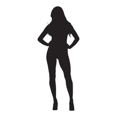 Sexy slim woman with long hair standing with hand on hips, high heels shoes, isolated vector silhouette, front view. Attractive model