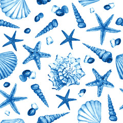 Watercolor seamless pattern with underwater life objects - seashells, starfish and stones.