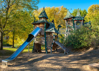 Wooden house on a beautiful adventure playground in Berlin, Germany