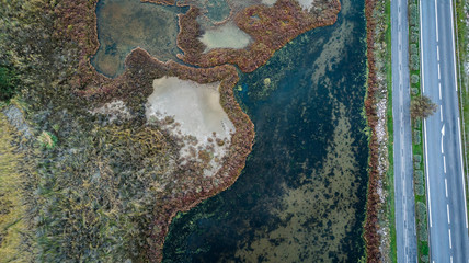 Fototapeta premium vue aérienne sur des étangs, ses plantes colorées et une route