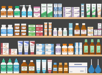 Pharmacy shelves with medicines. Concept of pharmaceutics and medication. Seamless pattern. Vector illustration. 