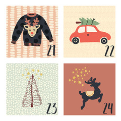 Advent calendar with cute hand drawn vector Christmas holiday illustrations for December 21st - 24th. Ugly Christmas sweater, tree, car, reindeer. For poster, cards, blog, banner, Christmas countdown