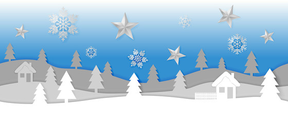 Simple seamless paper cut winter vector landscape with snowflakes, stars, layered hills and trees on blue background.