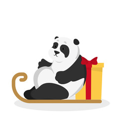 Cute panda on sledge with christmas gift and red bow