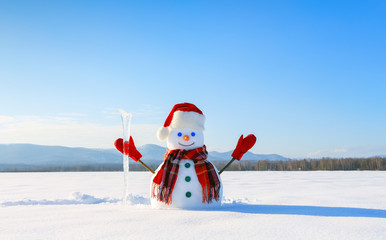 The snowman in plaid scarf, red hat, gloves and icicle in the hand. Nice landscape with the...