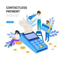 Contactless mobile payments concept. Pos terminal confirms payment. Online banking for web page, social media, documents, posters vector illustration