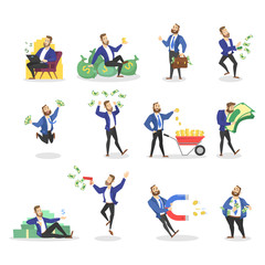 Happy successfull man jumping with a pile of money