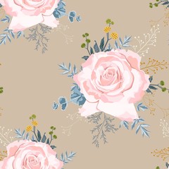 Seamless pattern with beige roses with yellow herbs and blue succulent. Hand drawn background. Floral pattern for wallpaper or fabric. Vintage brown background.