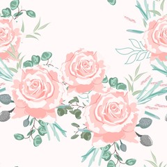 Seamless pattern with beige roses with herbs and eucalyptus. Hand drawn background. Floral pattern for wallpaper or fabric. Pastel background.