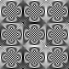 Abstract Seamless Black and White Geometric Pattern with Squares. Optical Psychedelic Illusion of a Chessboard. Raster Illustration