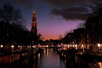 Amsterdam Abenddämmerung Gracht Westerkerk Sonnenuntergang