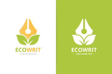 Vector pen and leaf logo combination. Write and eco symbol or icon. Unique law and organic logotype design template.