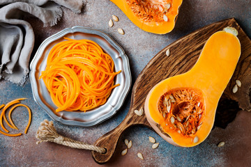 Spiralized butternut squash spaghetti. Low carb vegetable pasta cooking