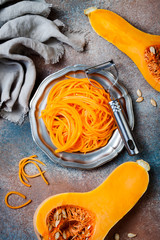 Spiralized butternut squash spaghetti. Low carb vegetable pasta cooking