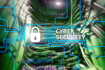 Cyber security, information privacy and data protection concept on server room background.