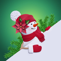 3d render, cute paper cut snowman looking right, smiling, Christmas greeting card template, blank banner, copy space, page corner