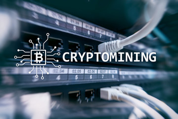 Cryptocurrency mining concept on server room background.