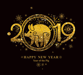Year of the Pig 2019 in the Chinese calendar. Golden symbol on black. Beautiful New Year card with the symbol of the year Golden Pig.