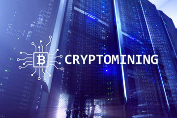 Cryptocurrency mining concept on server room background.