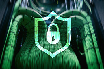 Cyber protection shield icon on server room background. Information Security and virus detection.
