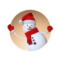 3d render, cute snowman cartoon character waving hand, inside round window, Christmas banner, beige holiday background, illustration