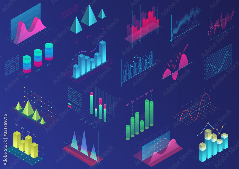 Poster Set of vivid colorful infographic elements for ui design, presentation graphics, data statistics. 3d isometric bright light diagram vector illustration.