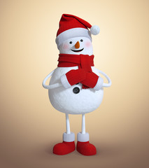 3d render, funny snowman cartoon character, standing, digital illustration, Christmas holiday clip art