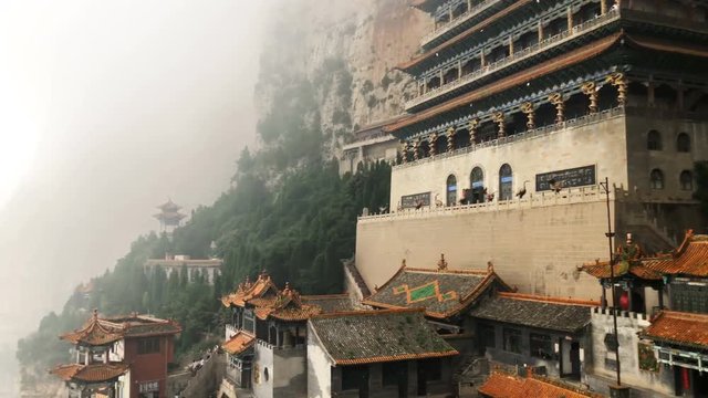 Shanxi,China-Aug 12,2018: Panning view of the temple at the Mian Mountain nature park,Shanxi province, China