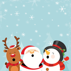 Santa Reindeer Snowman Enjoying Snow