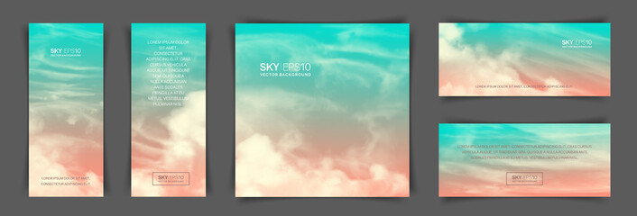 Set of different backgrounds with realistic pink-blue sky and clouds. The image can be used to design a banner, flyer and postcard.