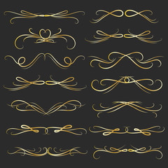 Set Of Golden Decorative Calligraphic Elements For Decoration. Handmade Vector Illustration.