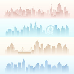 Set horizontal banners landscapes of urban modern city with tall skyscrapers in pollution fog.